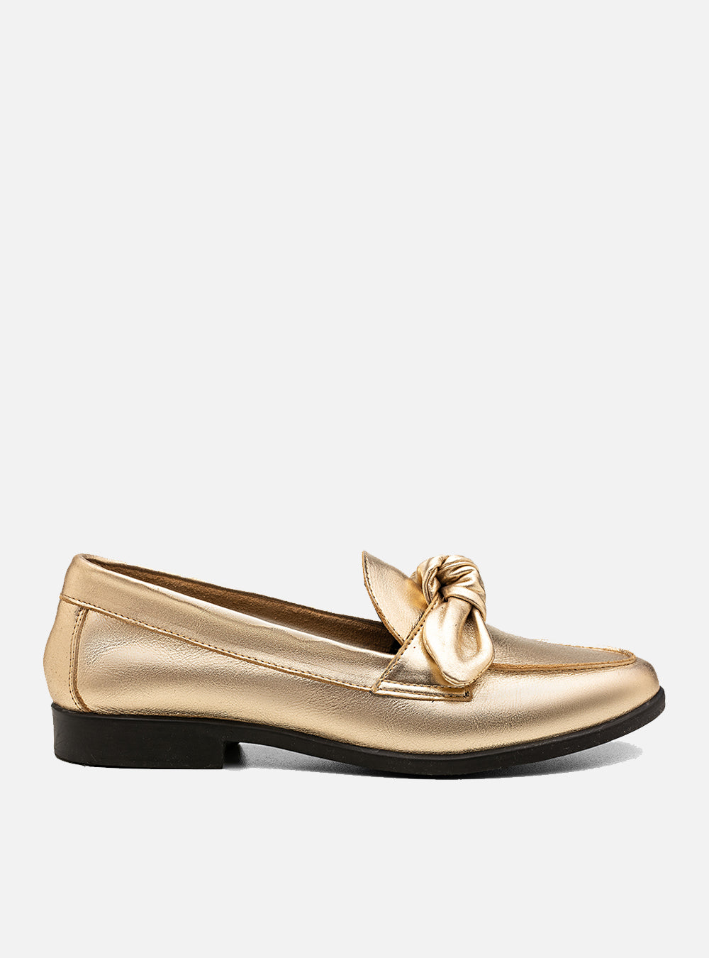 Mocassim em Couro Metalizado Laço Dourado