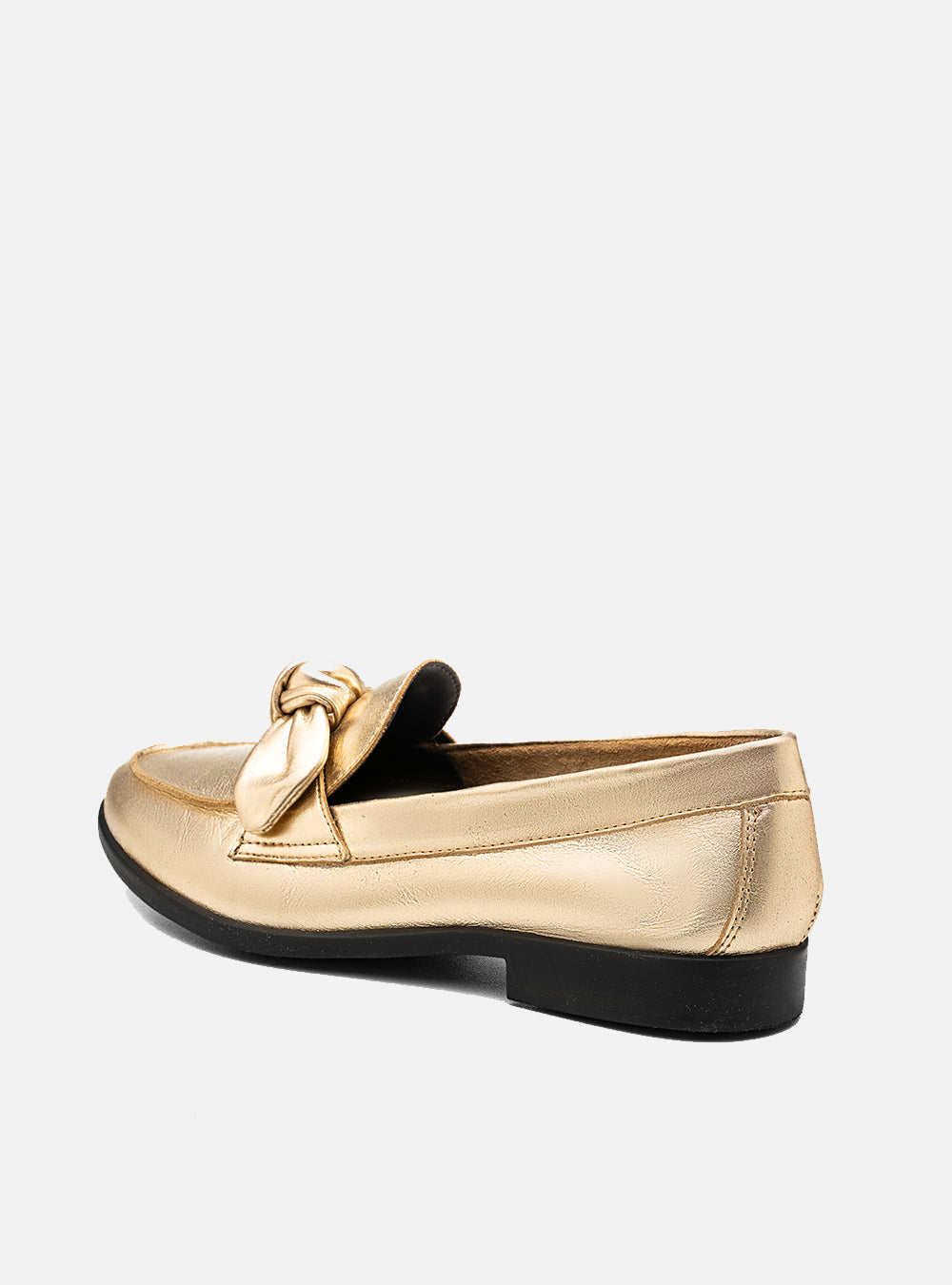 Mocassim em Couro Metalizado Laço Dourado