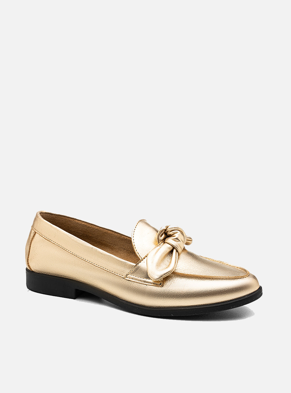 Mocassim em Couro Metalizado Laço Dourado