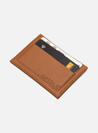 Kit Cinto em Couro Caramelo Fino Metal + Porta Cartão em Couro Caramelo
