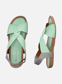 Sandália Comfort em Couro Amarração Alice Verde Água e Cinza