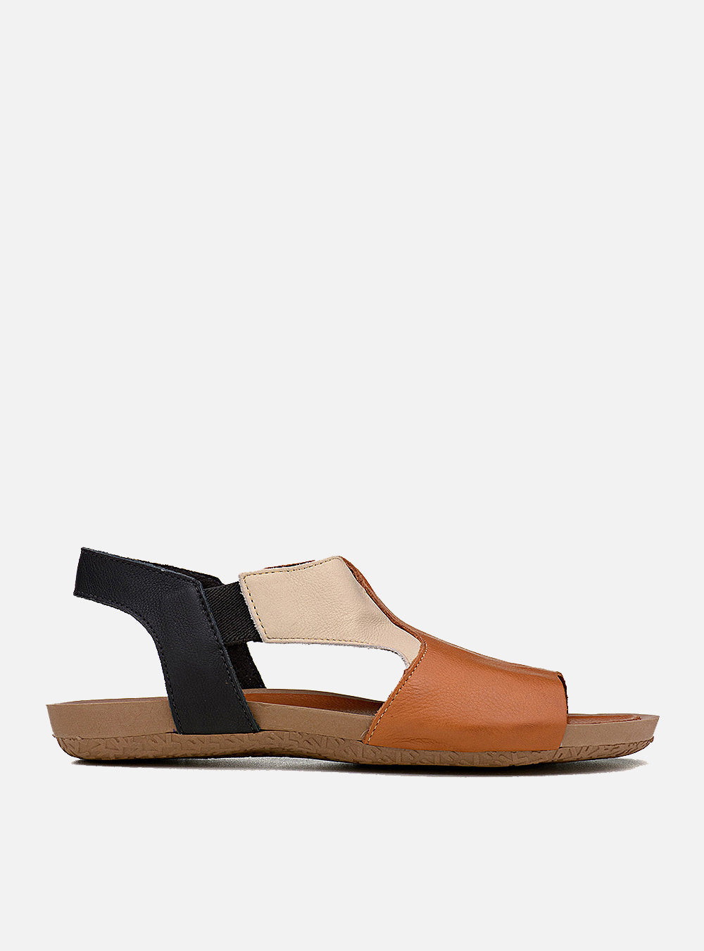 Sandália Comfort em Couro Tri Alice Caramelo Off White e Preto
