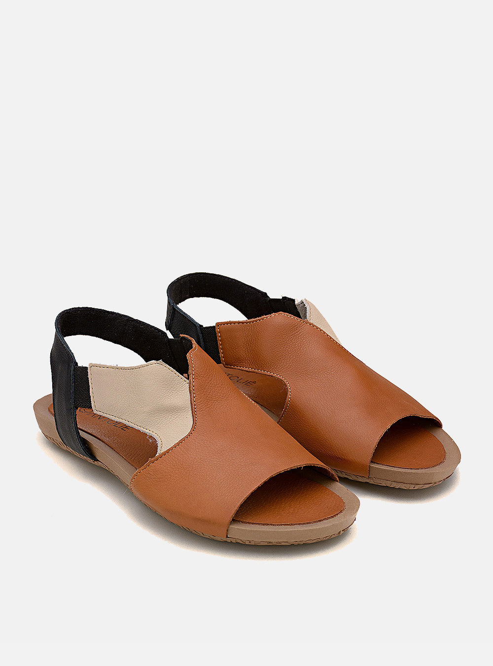 Sandália Comfort em Couro Tri Alice Caramelo Off White e Preto