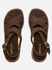 Sandália em Couro Acamurçada Café Plataforma Madeira Tiras Transpassadas