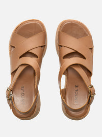 Sandália em Couro Amêndoa Plataforma Cortiça Tiras Transpassadas