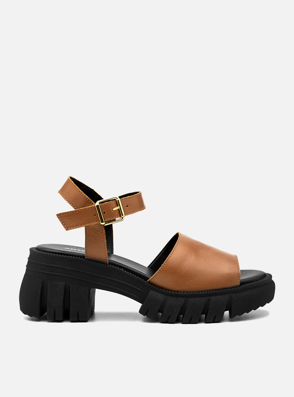 Sandália em Couro Tratorada Maitê Caramelo Tira Lisa