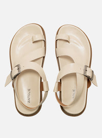 Sandália Papete em Couro Off White com Fivela e Dedeira