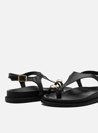 Sandália Papete em Couro Preta Dedeira Metal