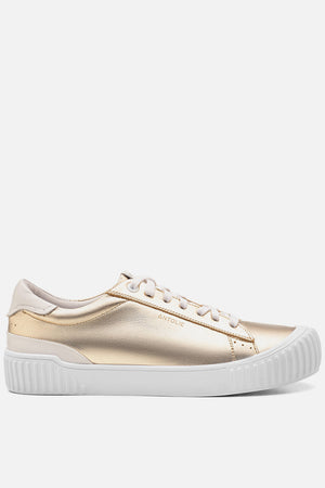 Tênis Couro Dourado Cadarço Detalhe Branco Classic