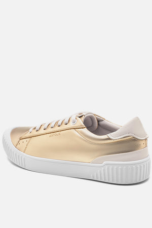Tênis Couro Dourado Cadarço Detalhe Branco Classic
